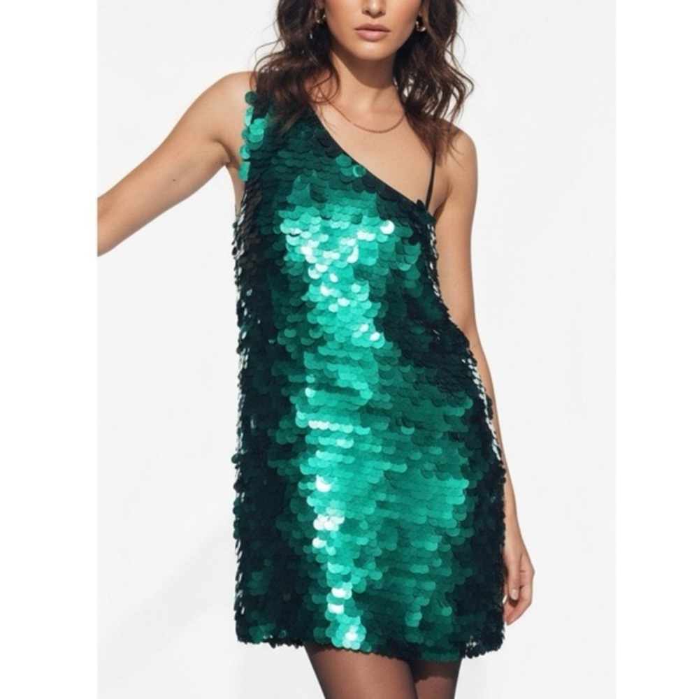 Anthropologie Emerald Sequin One-Shoulder Dress